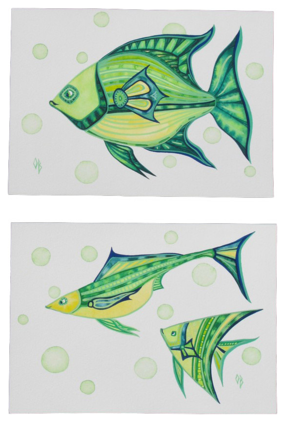 2-Piece Green Fish Wall Art, Original Watercolor Paintings by Olena Baca
