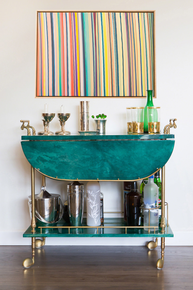 This is an example of a small transitional bar cart in Los Angeles with dark hardwood floors, green cabinets, quartz benchtops and turquoise benchtop.