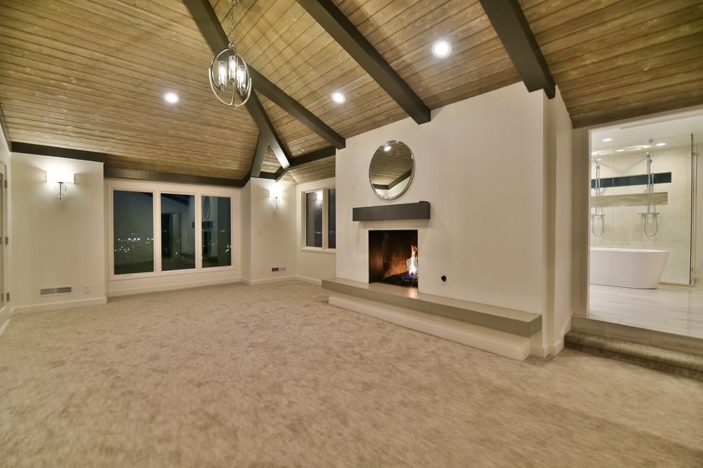 Large modern master bedroom in Salt Lake City with white walls, carpet, a standard fireplace, a plaster fireplace surround and grey floor.