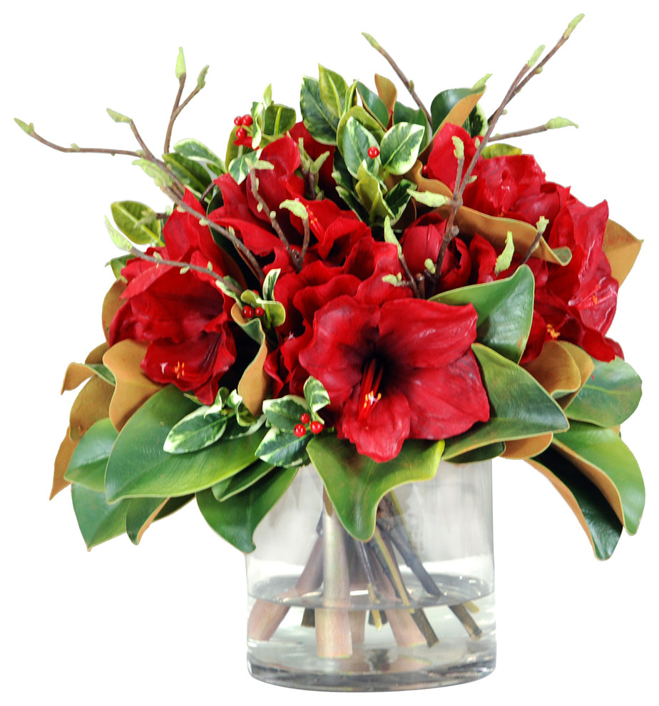 Holiday Amaryllis and Magnolia Leaves In Glass Vase Faux Floral Arrangement