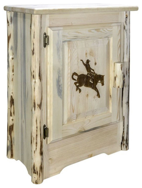 Montana Woodworks Wood Accent Cabinet with Laser Engraved Bronc in Natural