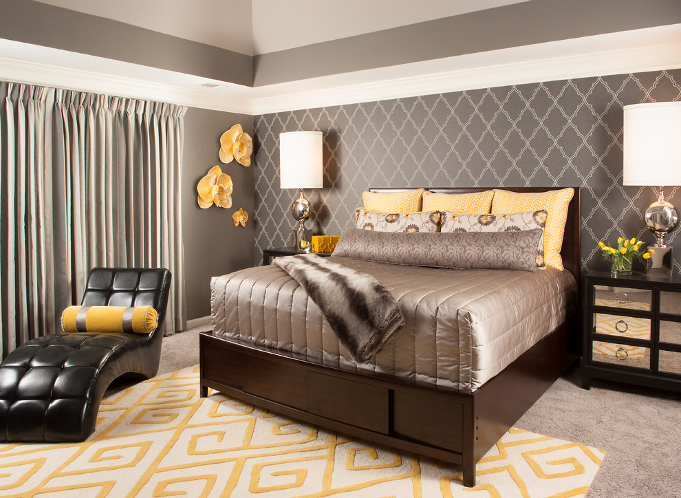 Inspiration for a transitional master bedroom in Atlanta with grey walls and carpet.