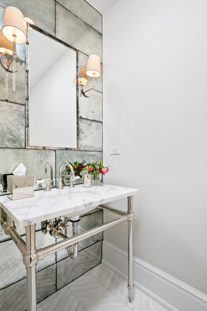 Small transitional 3/4 white tile and stone tile marble floor bathroom photo in Chicago with an undermount sink, open cabinets, marble countertops and gray walls