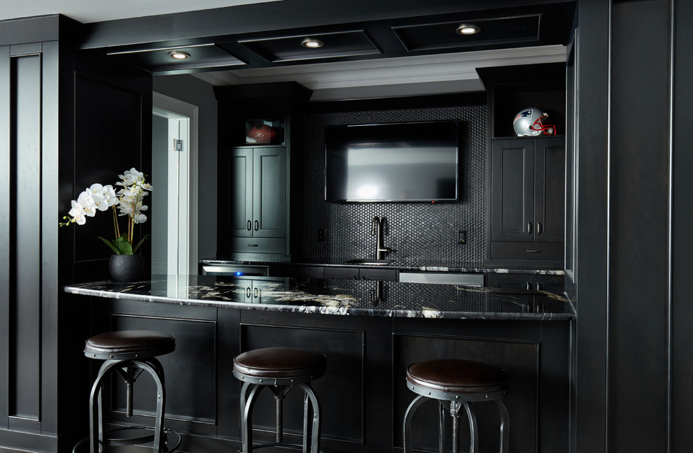 Transitional galley seated home bar in Calgary with recessed-panel cabinets, black cabinets, black splashback and mosaic tile splashback.
