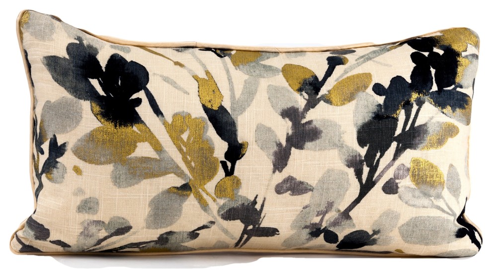 Golden leaf lumbar pillow cover, Waverly fabric, gold and black pillow cover, 12x20