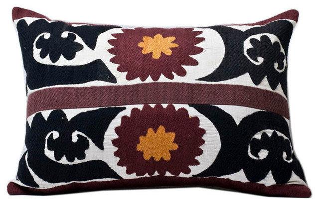 Embroidered Samarkand Tribal Band Suzani Lumbar Pillow, Circa 1940s