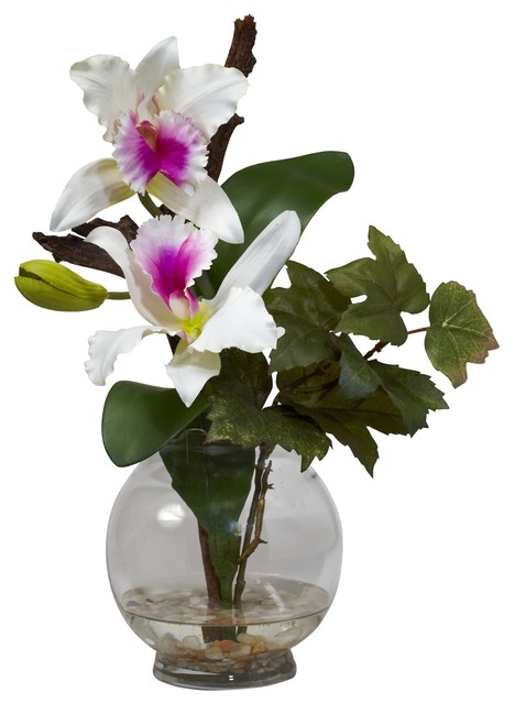 Artificial Flowers Mini White Cattleya With Fluted Vase Flower