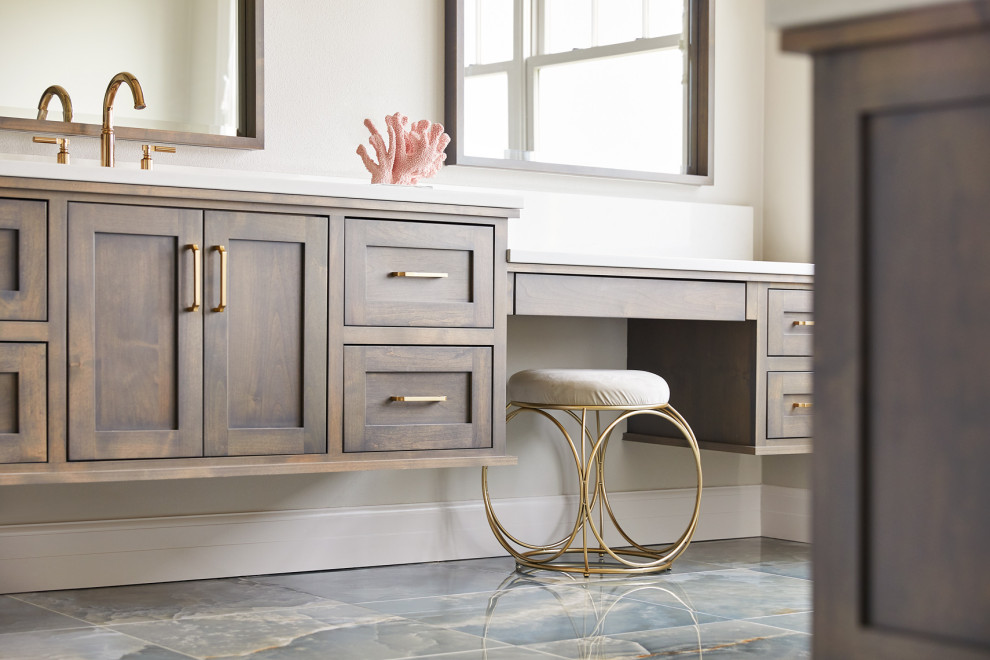 Large transitional master bathroom photo with recessed-panel cabinets and a floating vanity