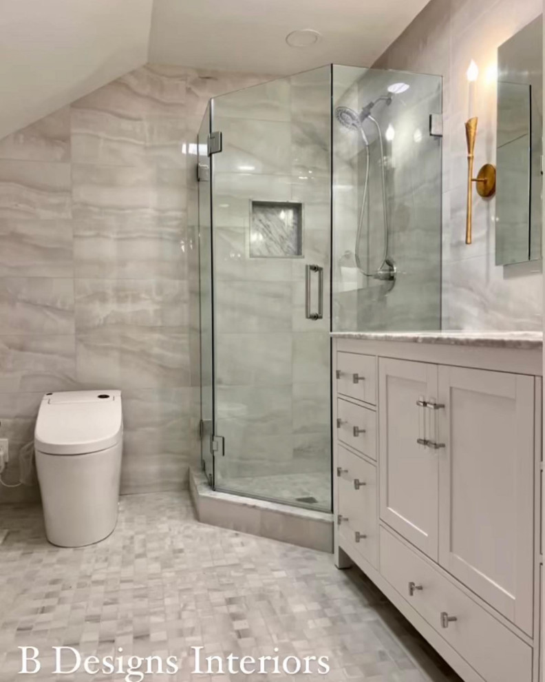 This is an example of a medium sized modern ensuite bathroom in Other with shaker cabinets, white cabinets, a corner shower, a bidet, multi-coloured tiles, ceramic tiles, multi-coloured walls, ceramic flooring, a submerged sink, marble worktops, multi-coloured floors, a hinged door, grey worktops, a wall niche, a single sink and a freestanding vanity unit.