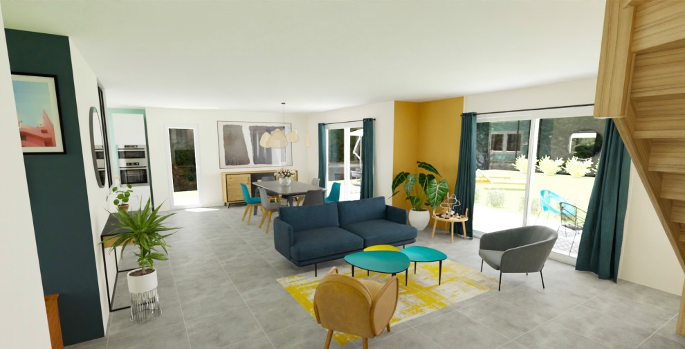 Cette image montre un très grand salon design ouvert avec un mur beige, un sol en carrelage de céramique, aucune cheminée, un téléviseur fixé au mur et un sol gris.