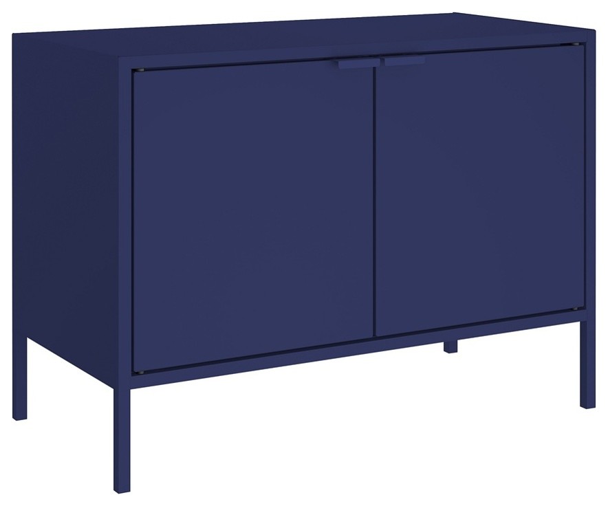 Modern Low Wide Tv Stand Cabinet With 2 Shelves And Doors In Blue
