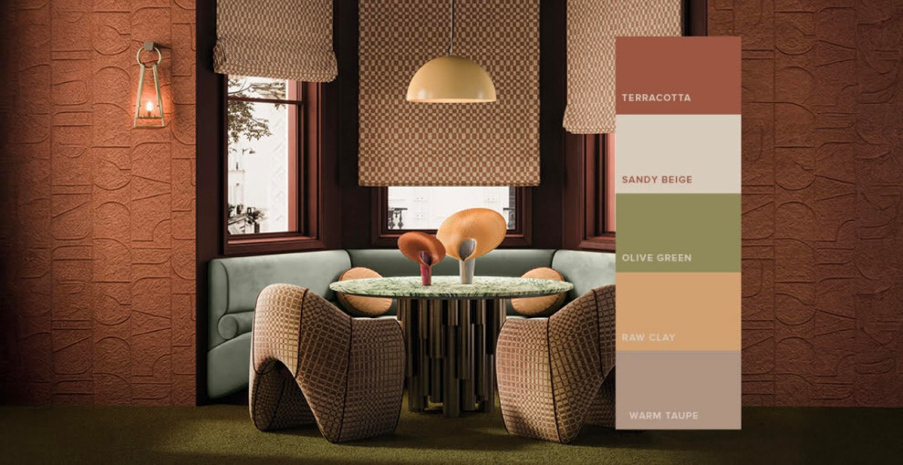This image presents a warm, earthy interior setting that perfectly reflects the 2026 interior colour palette inspired by nature and texture.