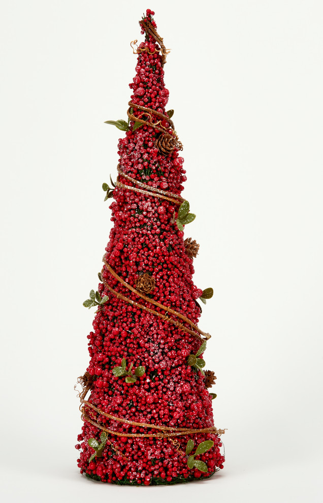 18" Berries Pine Leaves Topiary Christmas Tabletop Cone Tree Modern