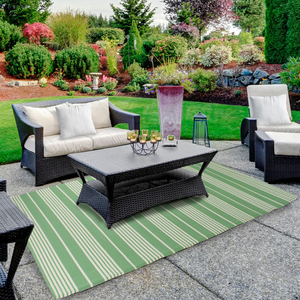 4' x 6' Green and White Striped Rectangular Outdoor Area Rug