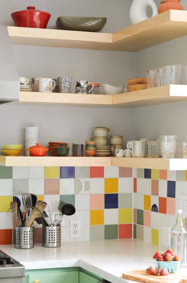 Kitchen - small eclectic single-wall kitchen idea with turquoise cabinets, multicolored backsplash, ceramic backsplash and white countertops