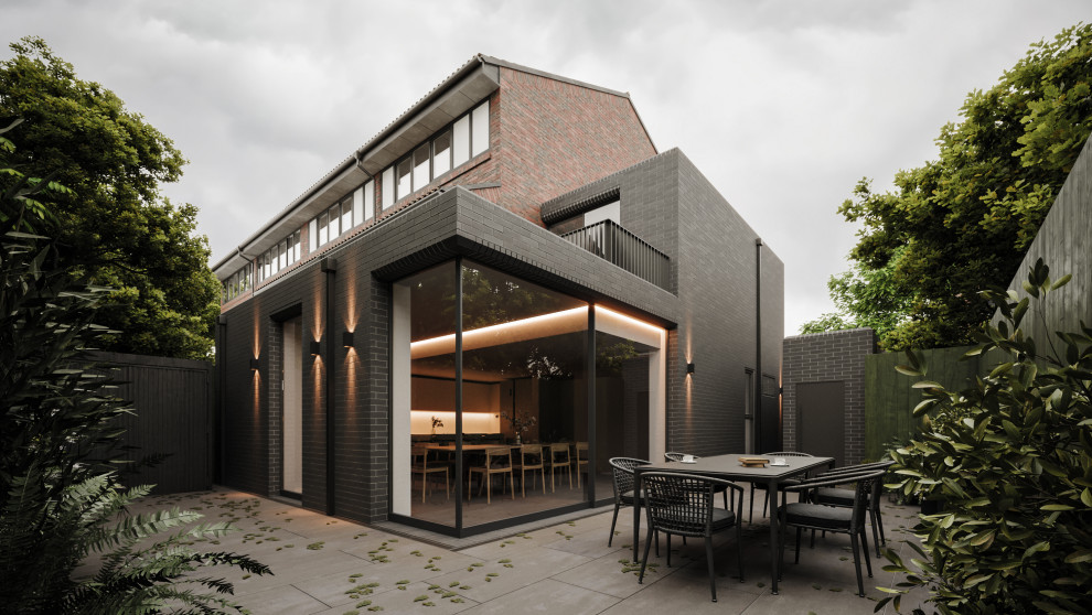 Свежая идея для дизайна: двухэтажный, кирпичный, черный таунхаус среднего размера в современном стиле с плоской крышей и серой крышей - отличное фото интерьера