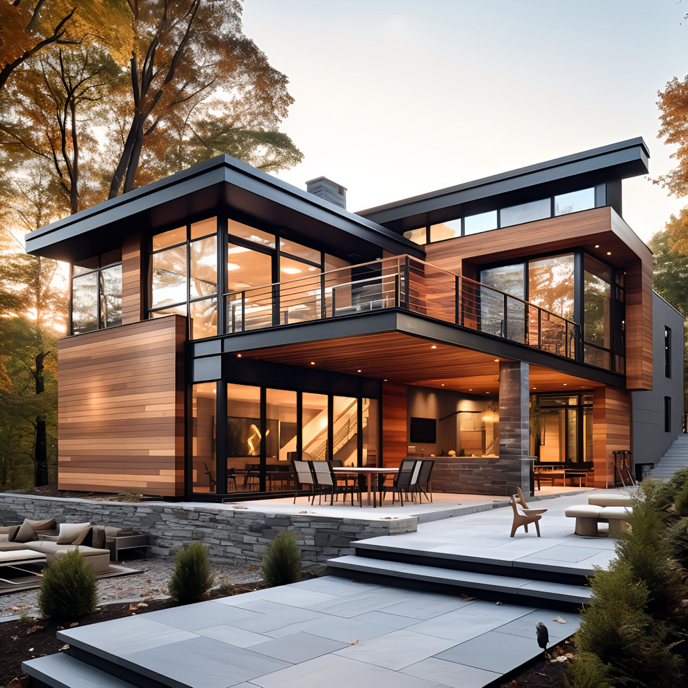 Large minimalist three-story wood flat roof photo in New York