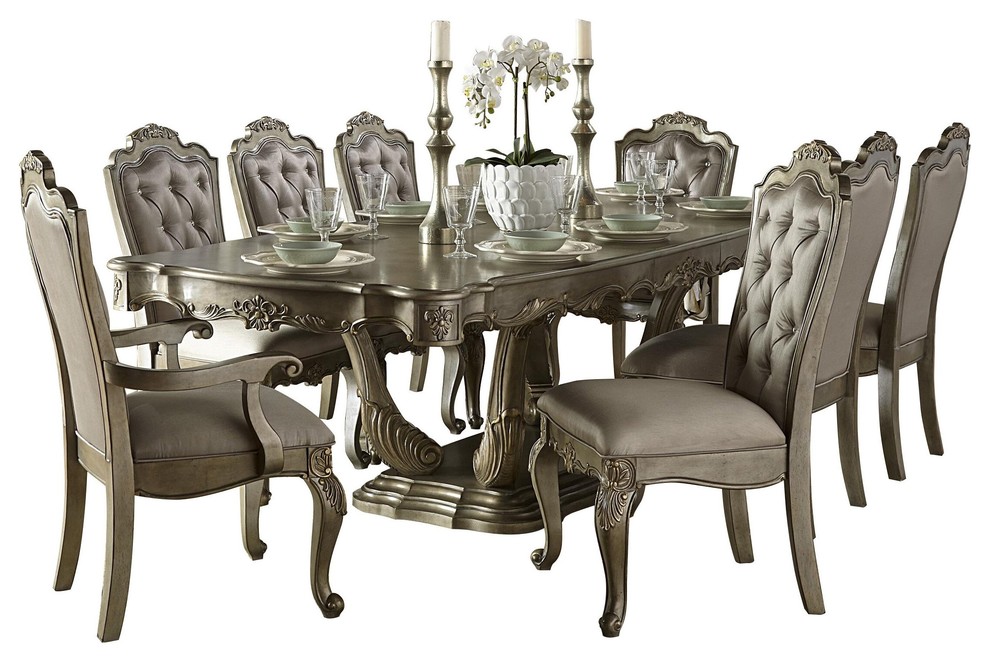 10-Piece Fenti Old World European Dining Set Table, 2 Arm, 6 Side Chair Gold