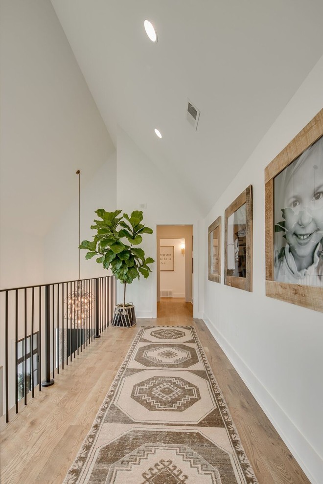 Mid-sized traditional hallway in Other with white walls, light hardwood floors and brown floor.