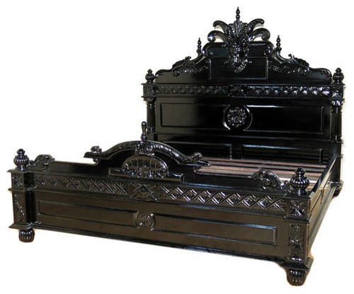 Solid Mahogany Black Finish Gothic Gargoyle Carved Eastern King Bed Solid Mahogany Black Finish Gothic Gargoyle Carved Eastern King Bed