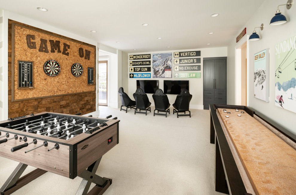 Photo of a large country family room in Salt Lake City with a game room, white walls, a wall-mounted tv, beige floor and carpet.