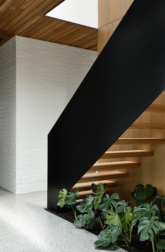 Cette image montre un escalier sans contremarche flottant de taille moyenne avec des marches en bois.
