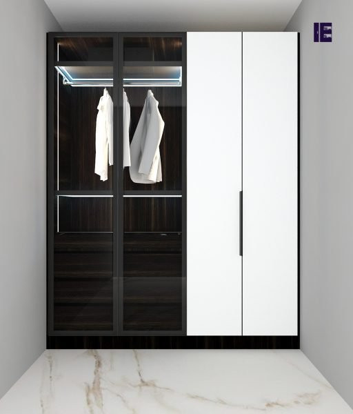 Photo of a large modern standard wardrobe in London with glass-front cabinets, dark wood cabinets and feature lighting.