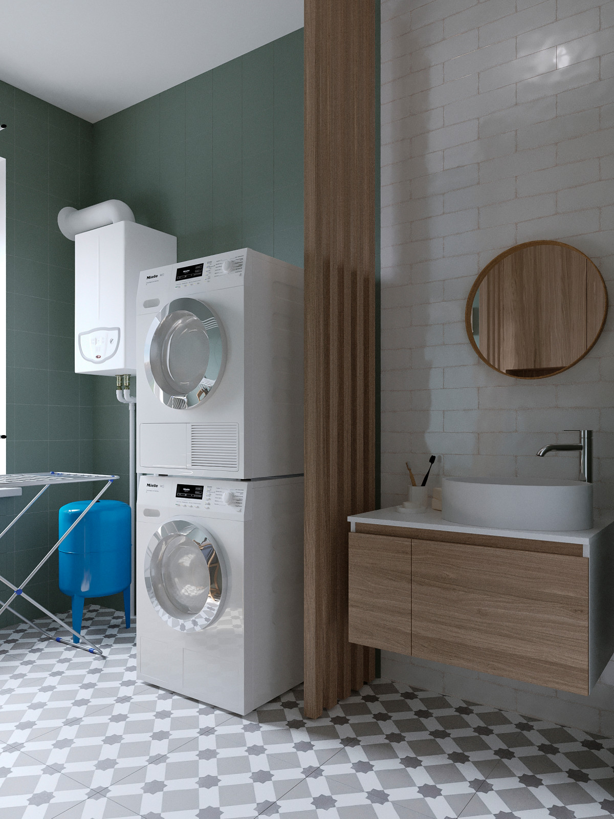 Современный интерьер дома с акцентами лестного цвета