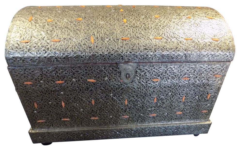 Moroccan Design Silver Embossed Metal Storage Chest Trunk W 40" x H 28