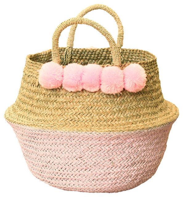 Pastel Pink Pom Poms Double Woven Balinese Sea Gr Basket Pastel Pink Pom Poms Double Woven Balinese Sea Gr Basket Nursery