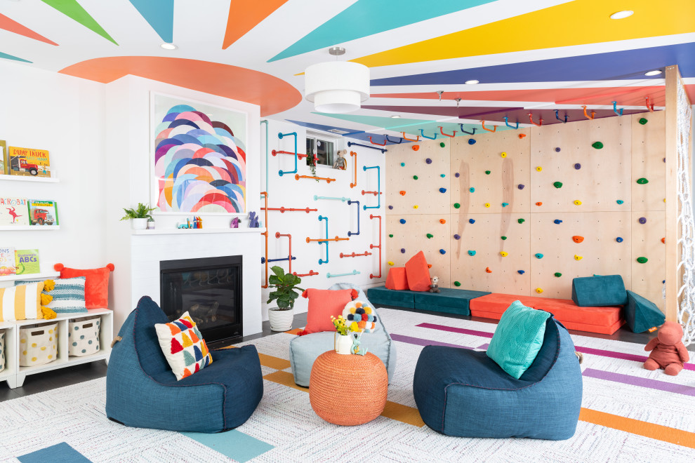 Inspiration for a large contemporary gender-neutral kids' playroom for kids 4-10 years old in DC Metro with white walls, dark hardwood floors, brown floor and wallpaper.