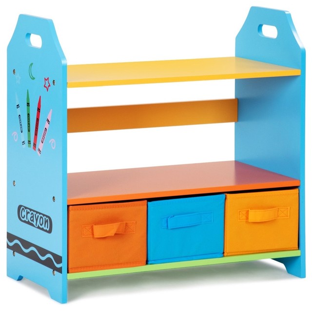 Modern 2 Tiers Crayon Themed Bookshelf With 3 Storage Bins