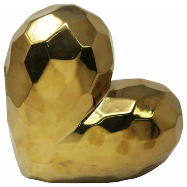 Antiqued Ceramic Heart Shaped Sculpture, Gold Contemporary
