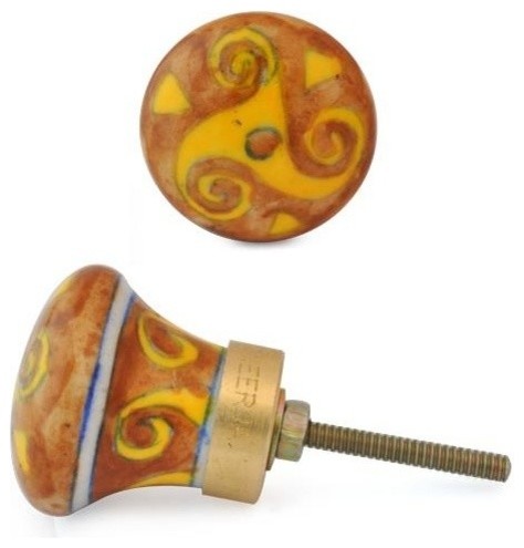 Floral Design Knobs, Yellow Design And Brown, Set of 3