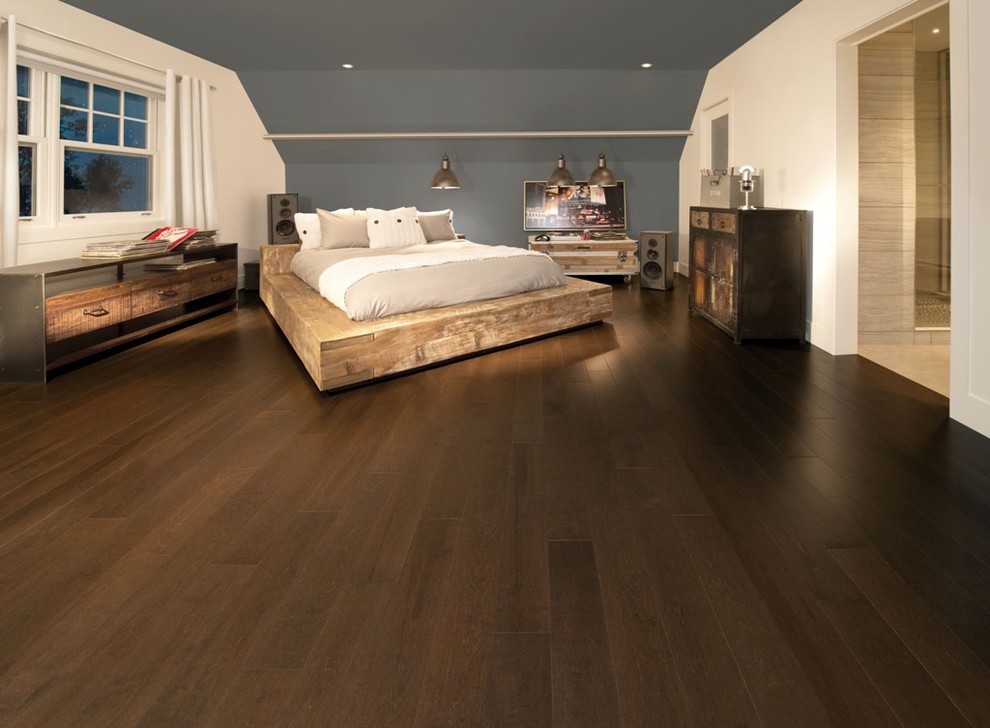 This is an example of a large modern master bedroom in Other with grey walls, light hardwood floors, no fireplace and brown floor.