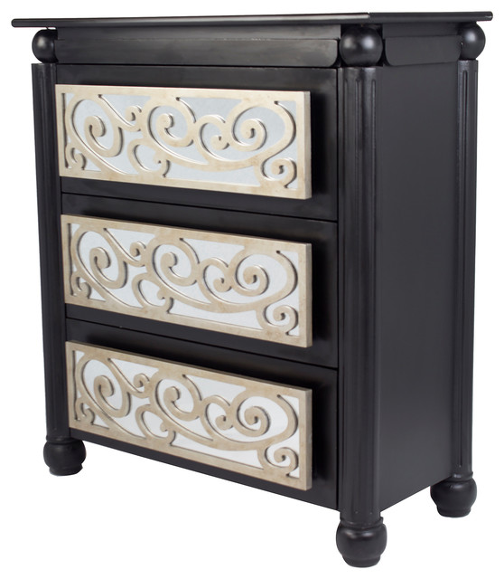 Celeste Scrolls 3 Drawer Cabinet With Mirror Accents Black Celeste Scrolls 3 Drawer Cabinet With Mirror Accents Black Silver Mediterranean Accent Chests And Cabinets By Heather Ann Creations