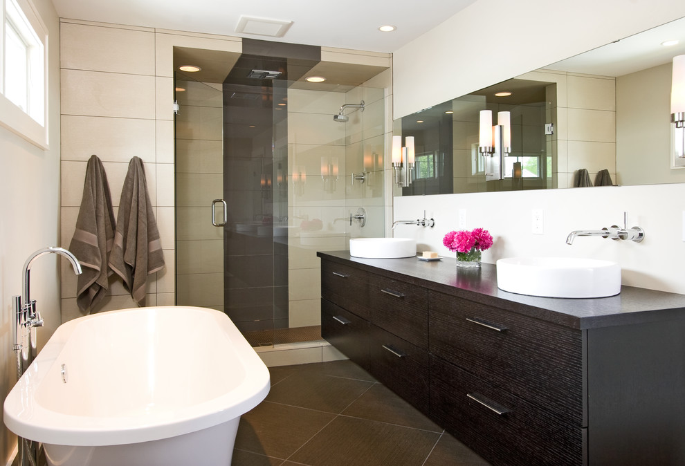 This is an example of a modern bathroom in Minneapolis with a vessel sink.