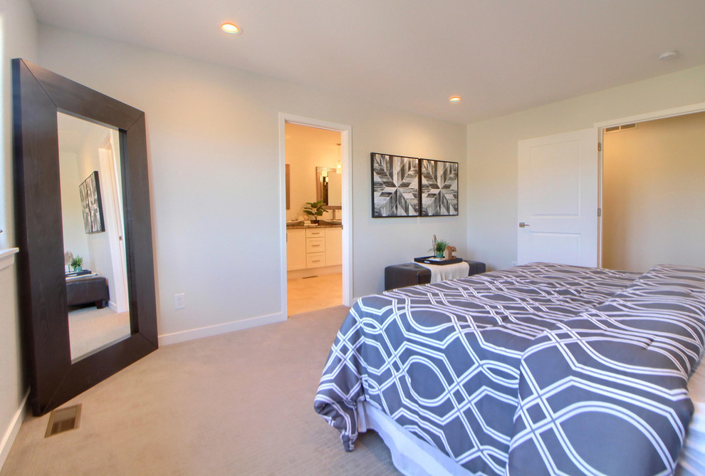 Mid-sized contemporary master bedroom in Denver with white walls, carpet and no fireplace.
