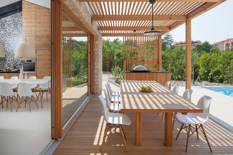 Inspiration for a large scandinavian courtyard patio in Other with a pergola.