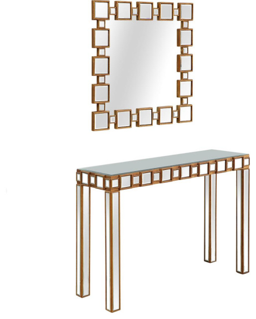 Camden Isle Orion Antique Gold Glass Console Table With Wall Mirror CI