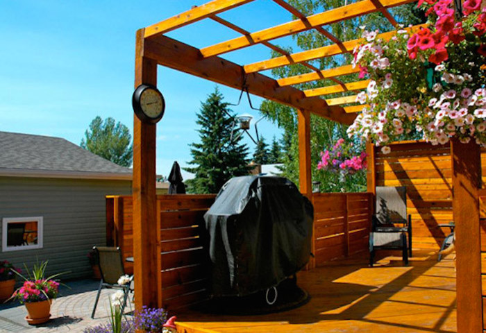 Inspiration for a large transitional backyard patio in Calgary with decking, a pergola and a vertical garden.