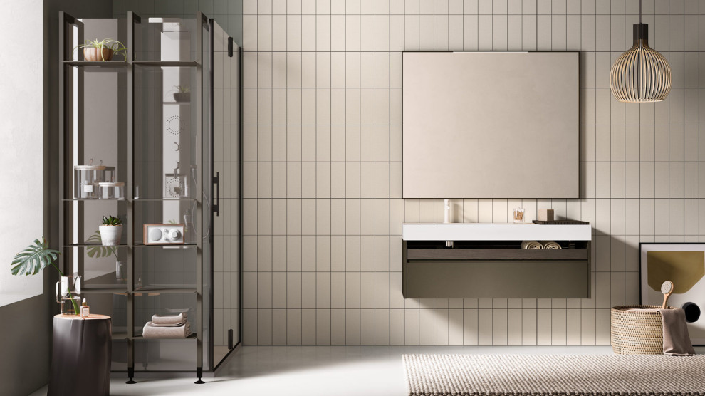 Immagine di una grande stanza da bagno moderna con ante lisce, ante marroni, lavabo sottopiano, top in superficie solida, un lavabo e mobile bagno sospeso