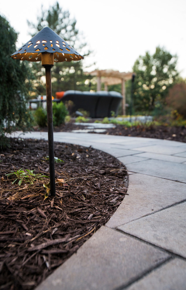 Design ideas for a transitional backyard stone water fountain landscape in Omaha.