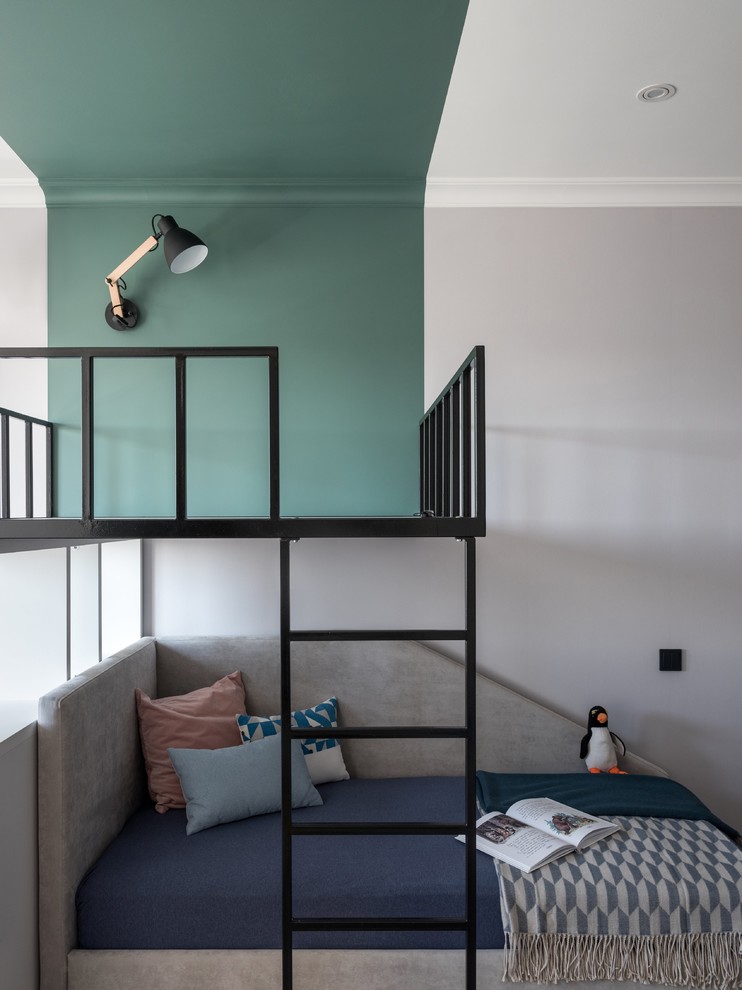 Mid-sized contemporary gender-neutral kids' bedroom in Moscow with grey walls for kids 4-10 years old.
