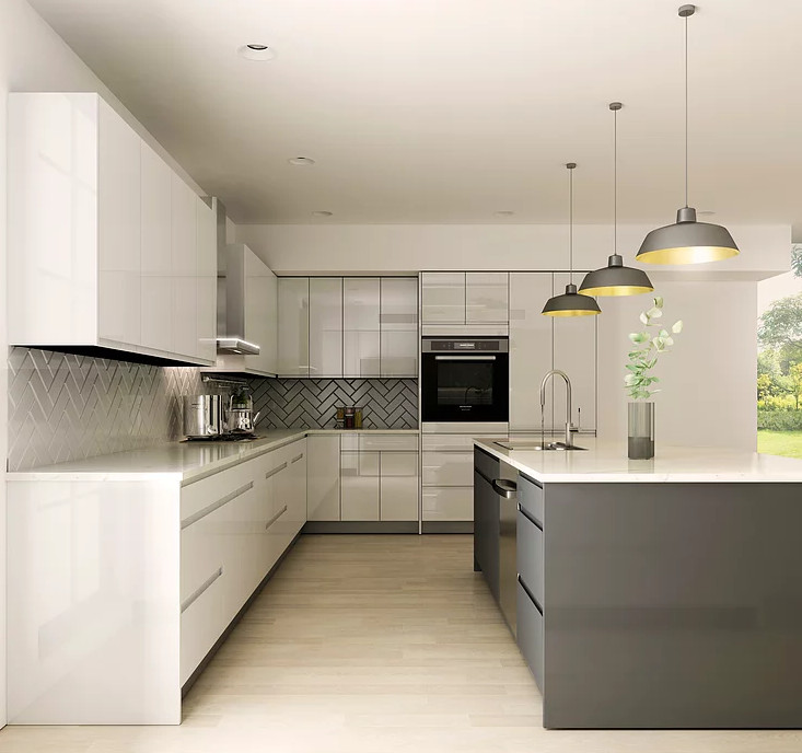 Inspiration for a mid-sized contemporary l-shaped eat-in kitchen in Miami with a drop-in sink, flat-panel cabinets, white cabinets, quartz benchtops, metallic splashback, porcelain splashback, stainless steel appliances, porcelain floors, with island, beige floor, white benchtop and vaulted.
