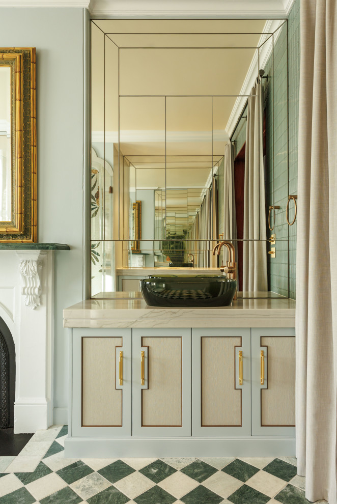 Traditional bathroom in Sydney with recessed-panel cabinets, grey cabinets, grey walls, a vessel sink, multi-coloured floor, beige benchtops, a single vanity and a built-in vanity.