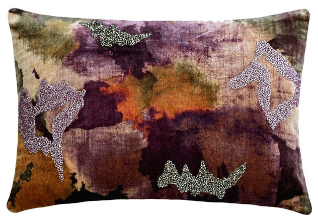 Purple Velvet Printed & Beaded 12"x24" Lumbar Pillow Cover - Purple Abstraction