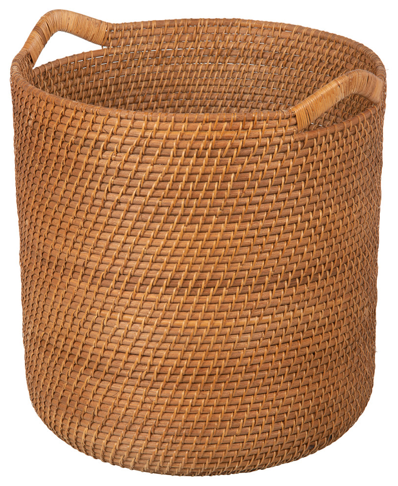 Laguna Round Rattan Storage Basket With Ear Handles, Honey Brown