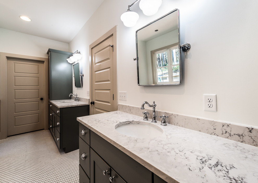 Large country master bathroom in Other with shaker cabinets, black cabinets, a claw-foot tub, a corner shower, white tile, subway tile, grey walls, porcelain floors, an undermount sink, granite benchtops, white floor, an open shower and grey benchtops.