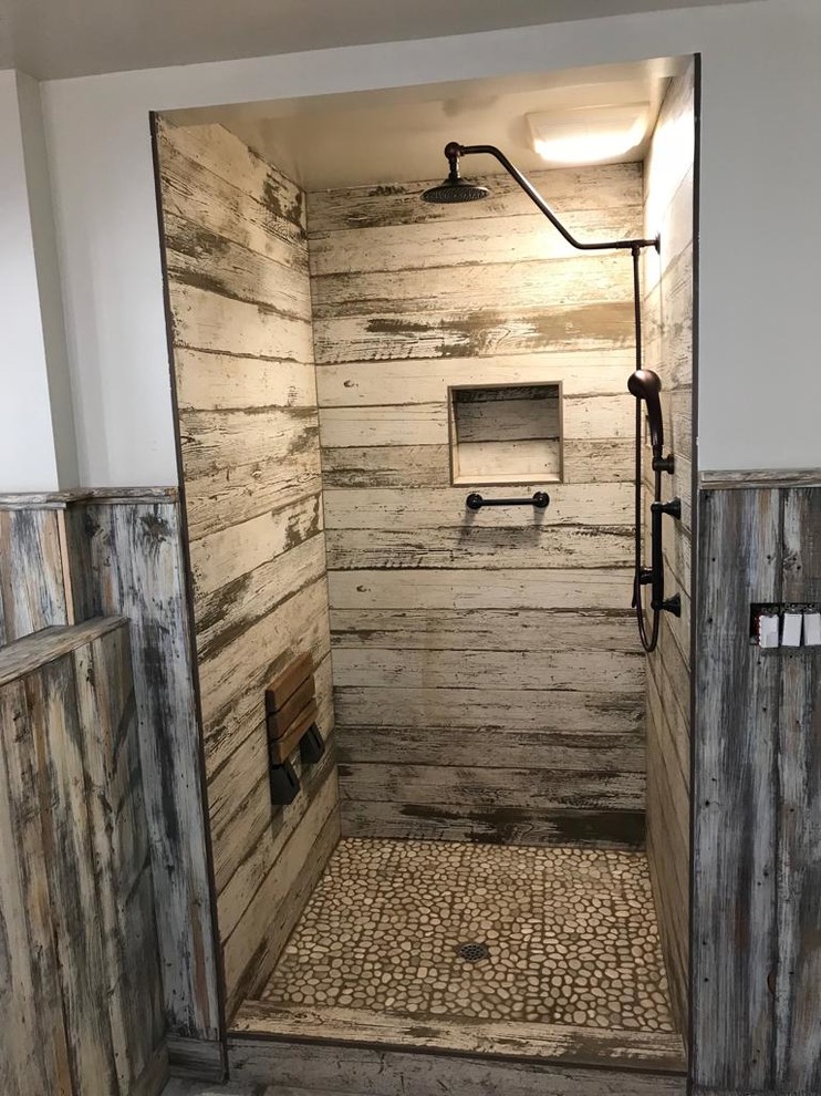 Inspiration for a mid-sized country master bathroom in San Francisco with louvered cabinets, distressed cabinets, an open shower, a one-piece toilet, white walls, an integrated sink, white floor, an open shower, multi-coloured tile, yellow benchtops, concrete floors and wood benchtops.
